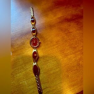 Gold Tone and Red Enamel Women's Bracelet Watch